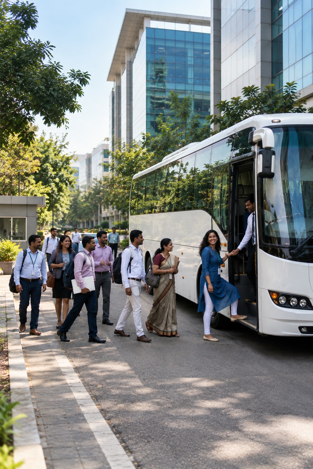 Corporate employees boarding modern bus outside office campus