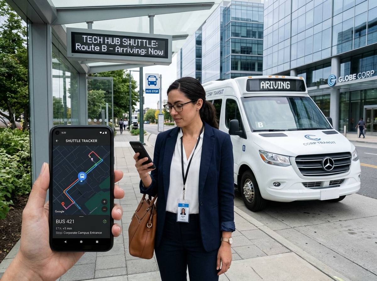 Corporate employee tracking bus arrival on smartphone app